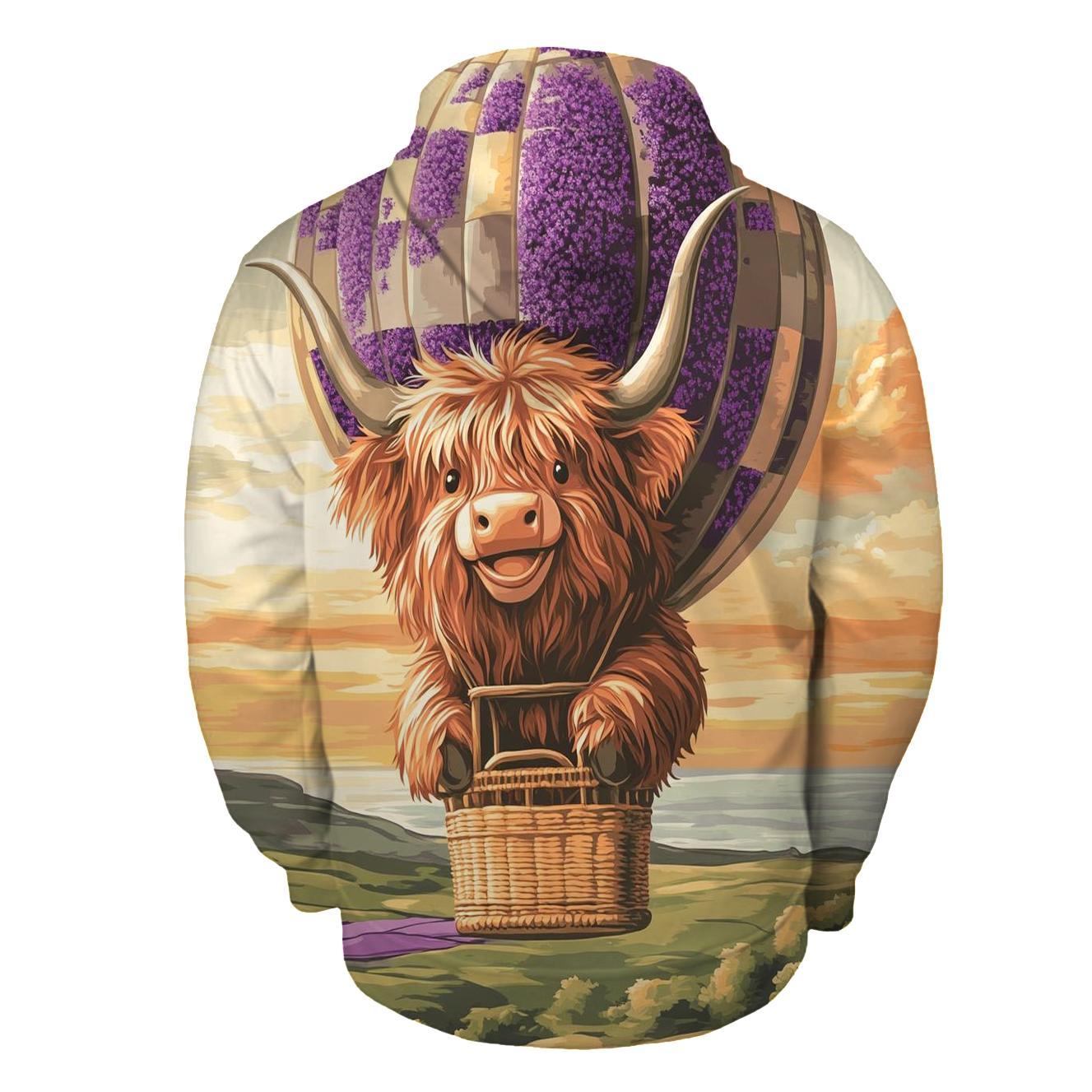 Highland Cow In Heather Hot Air Balloon embroidered hoodies