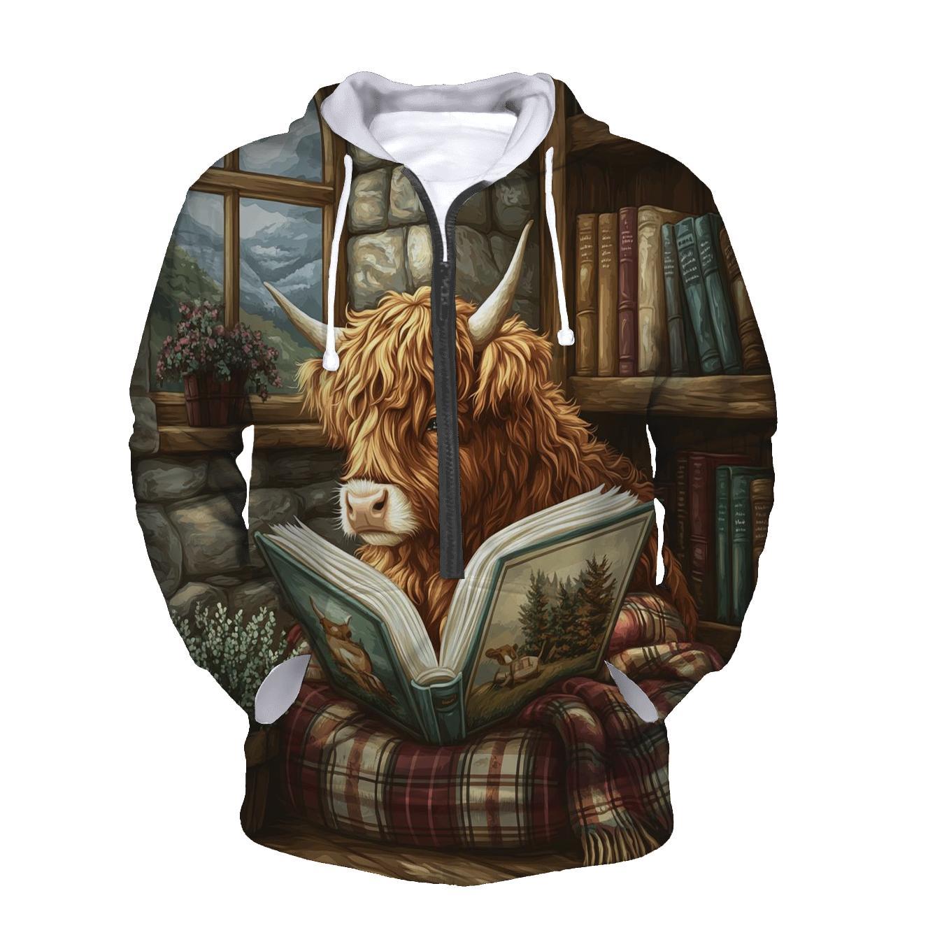 Highland Cow Quiet Library Nook embroidered hoodies