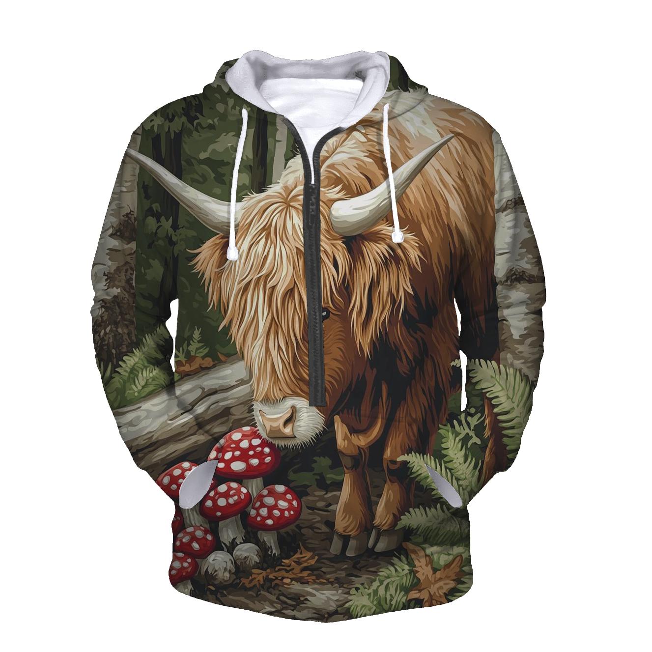 Highland Cow Woodland Mushroom Hunt graphic hoodies