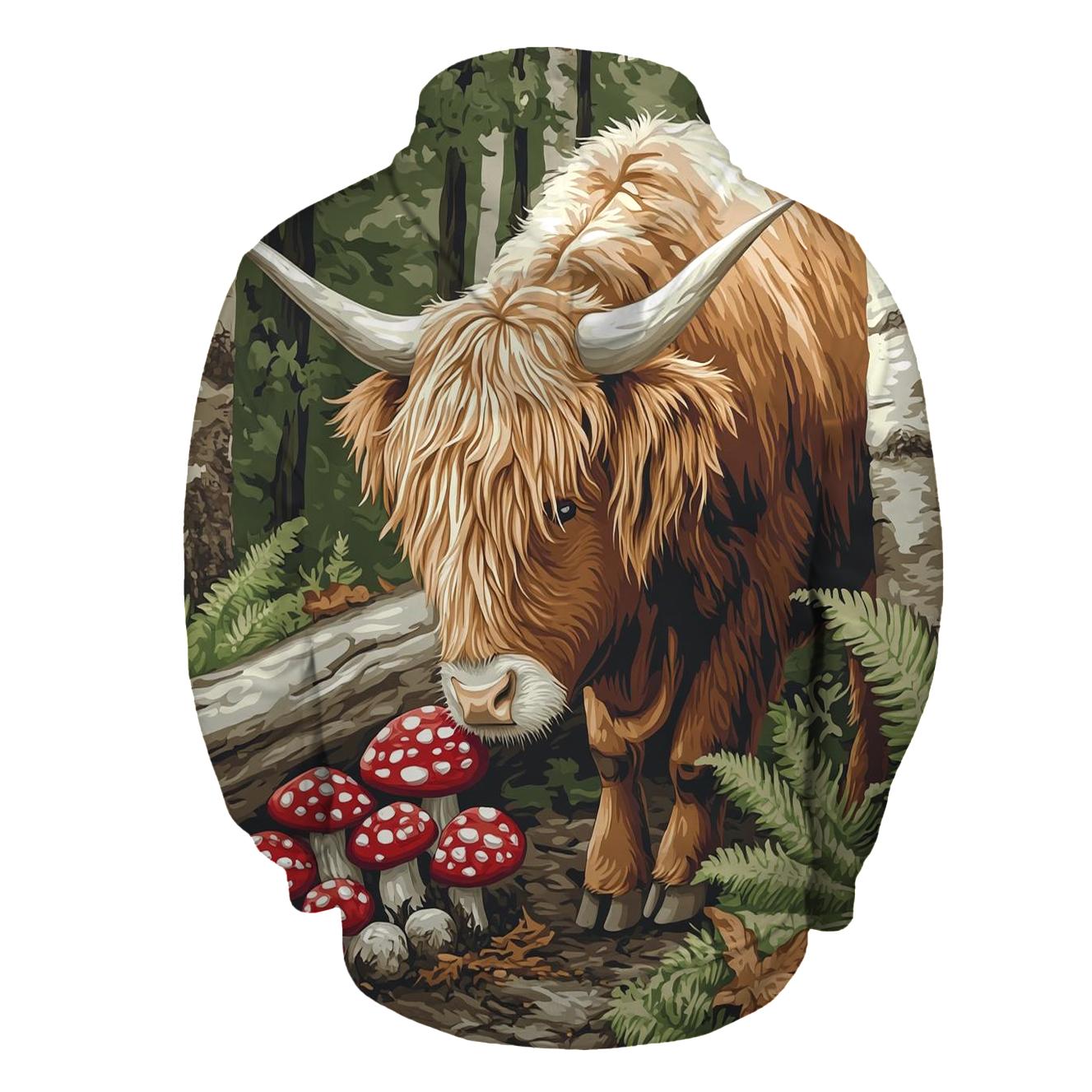 Highland Cow Woodland Mushroom Hunt graphic hoodies