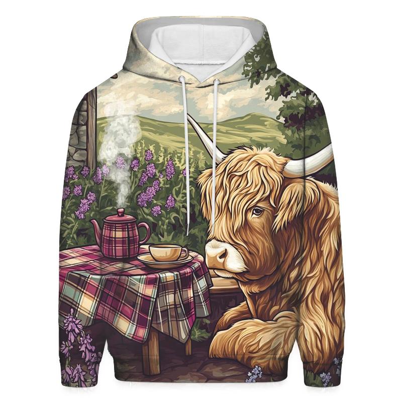 Tea Garden With Highland Cow Companion graphic hoodies