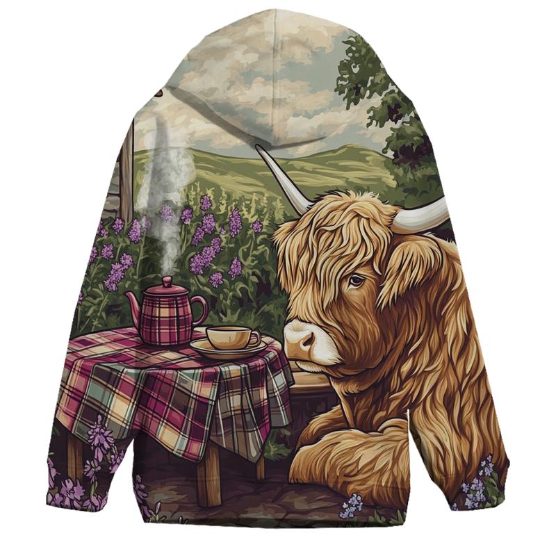 Tea Garden With Highland Cow Companion graphic hoodies