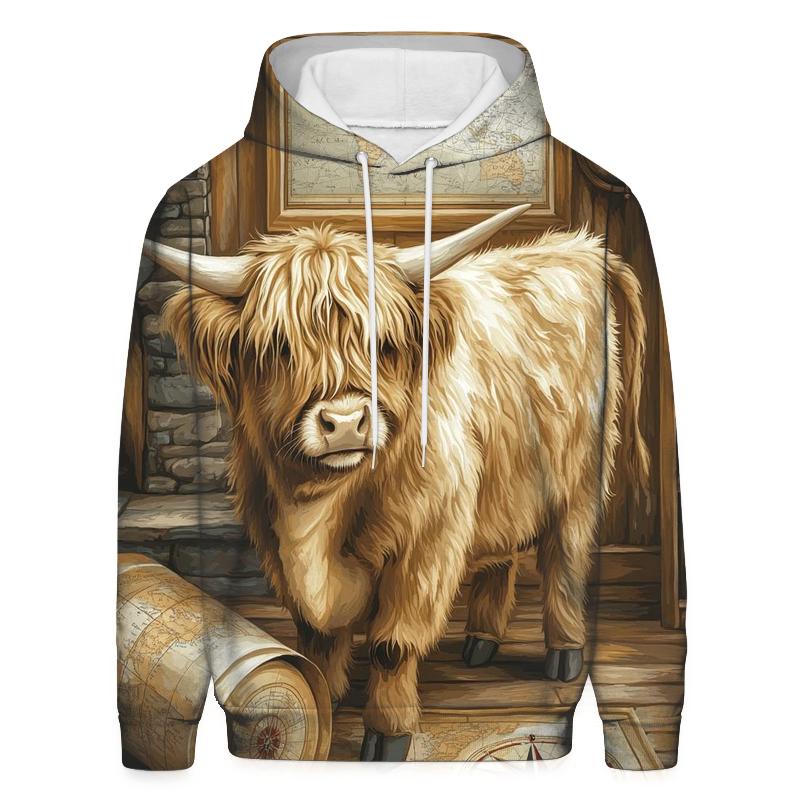 Highland Cow In Vintage Map Room hoodie designs