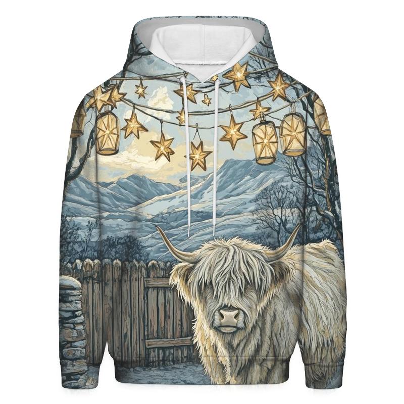 Highland Cow Under Winter Star Lanterns hoodies fashion