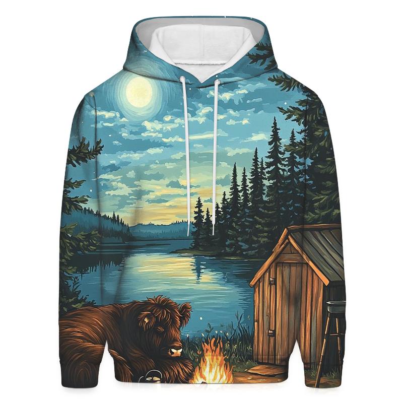 Highland Cow Moonlit Bothy Camp hoodie designs