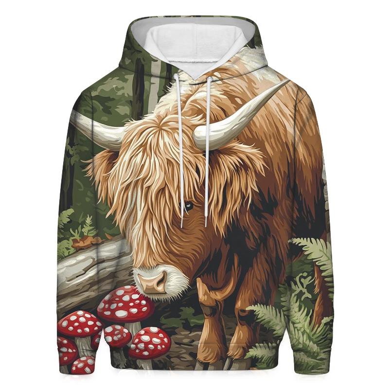 Highland Cow Woodland Mushroom Hunt hoodie styles