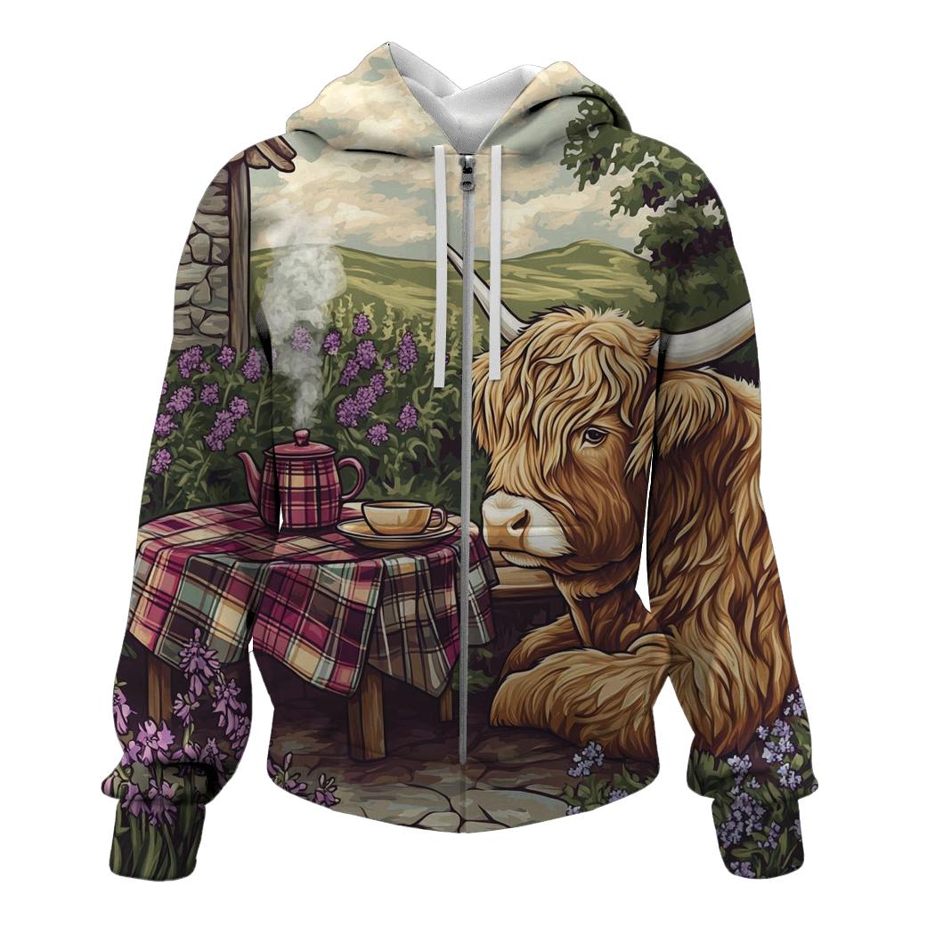 Tea Garden With Highland Cow Companion lightweight hoodies