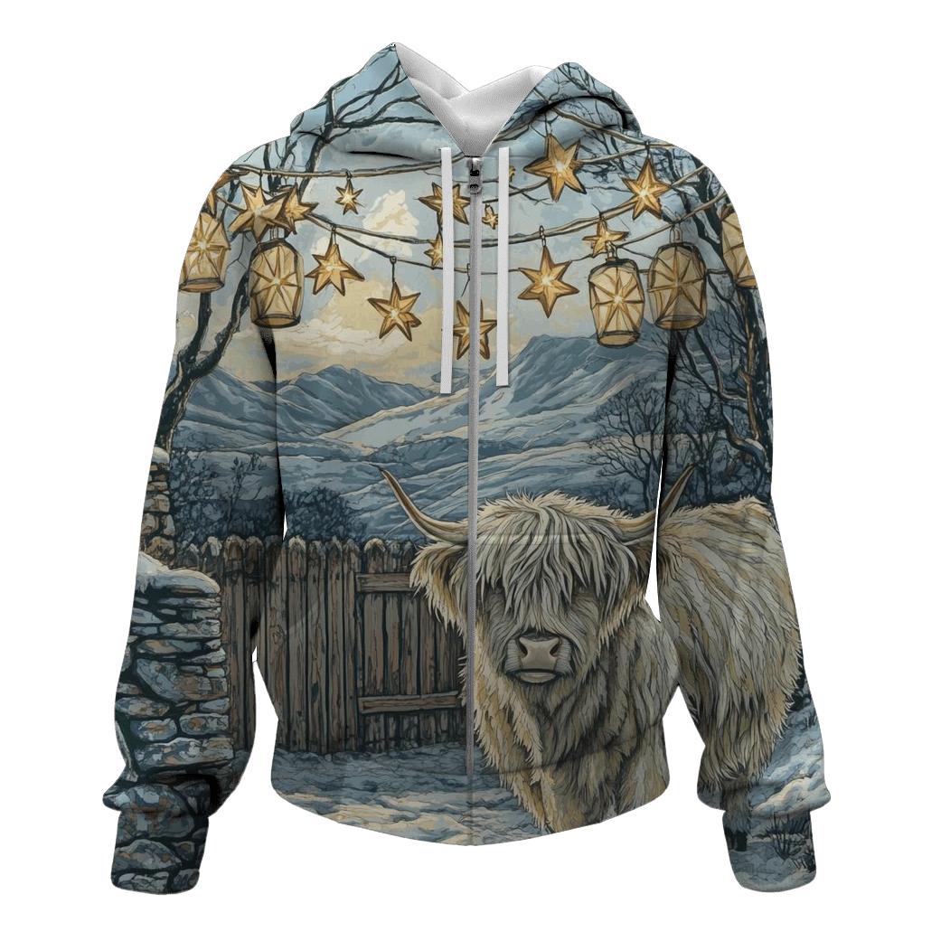 Highland Cow Under Winter Star Lanterns designer hoodies
