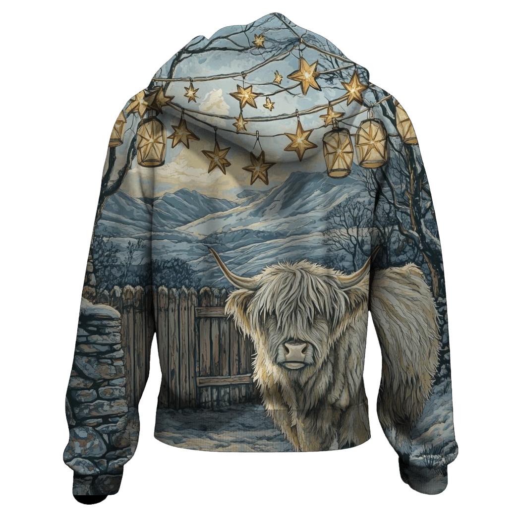 Highland Cow Under Winter Star Lanterns designer hoodies