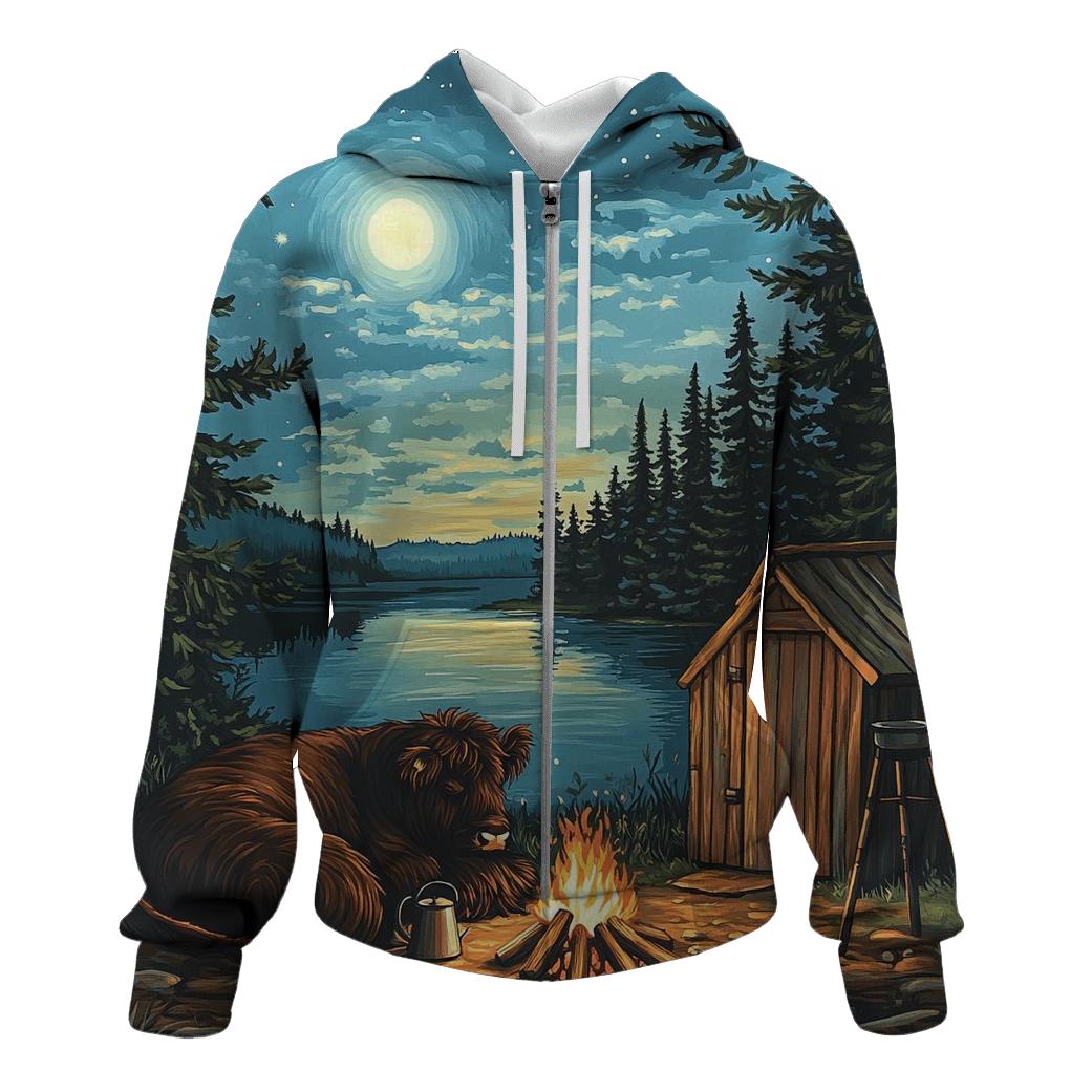 Highland Cow Moonlit Bothy Camp premium hoodies