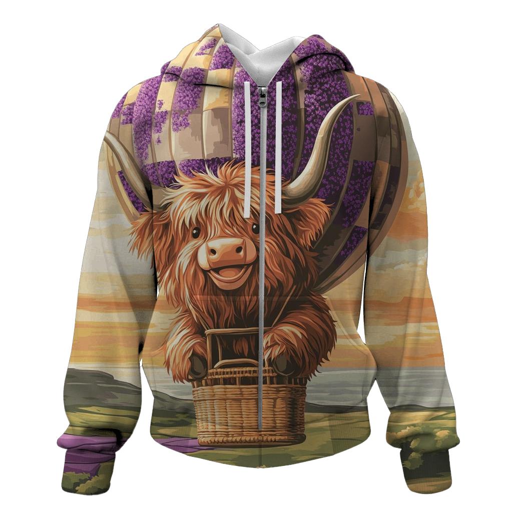 Highland Cow In Heather Hot Air Balloon lightweight hoodies