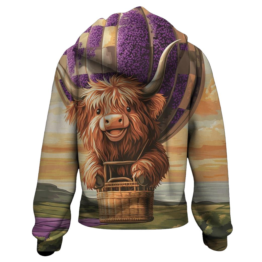 Highland Cow In Heather Hot Air Balloon lightweight hoodies