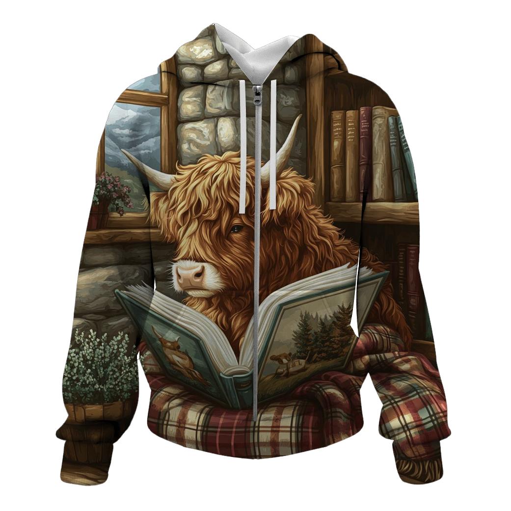 Highland Cow Quiet Library Nook designer hoodies