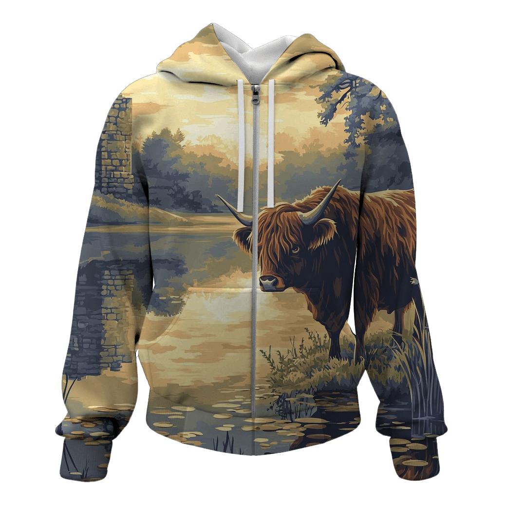 Loch Mirror Highland Cow Reflection printed hoodies