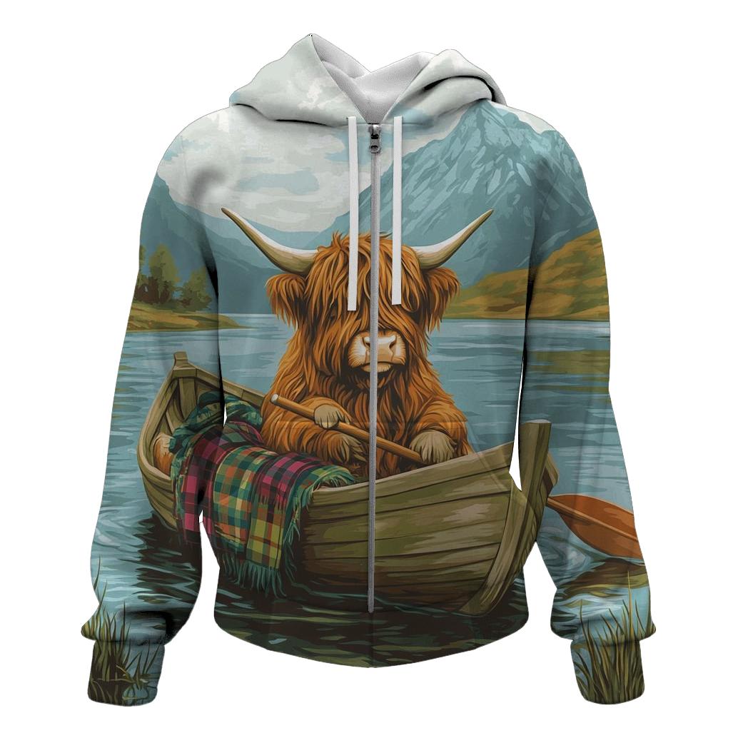 Highland Cow Sailing The Mini Loch Boat lightweight hoodies