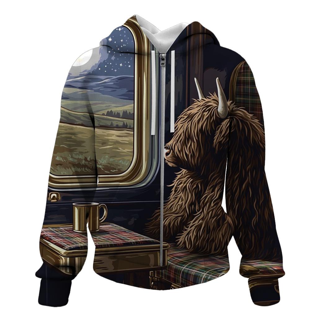 Night Train With Highland Cow Passenger zip-up hoodies