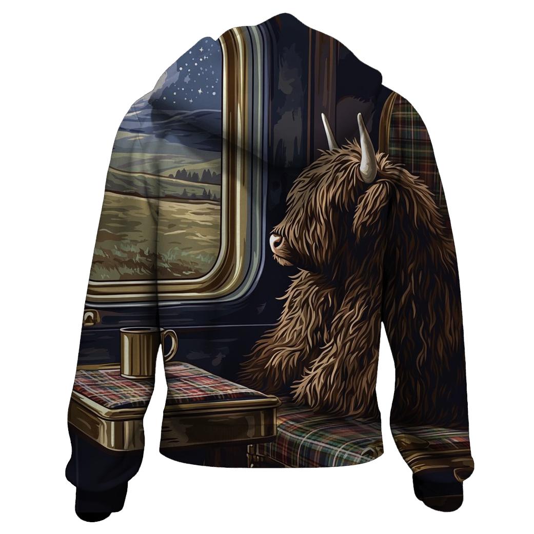 Night Train With Highland Cow Passenger zip-up hoodies
