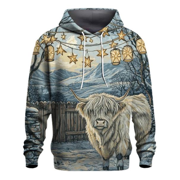 Highland Cow Under Winter Star Lanterns lightweight hoodies
