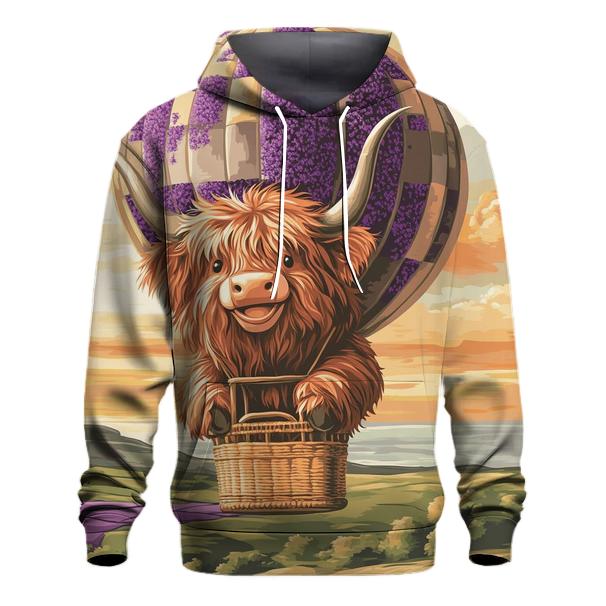Highland Cow In Heather Hot Air Balloon heavyweight hoodies
