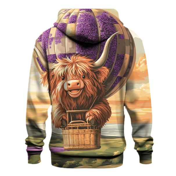 Highland Cow In Heather Hot Air Balloon heavyweight hoodies
