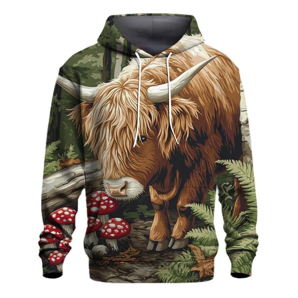 Highland Cow Woodland Mushroom Hunt premium hoodies