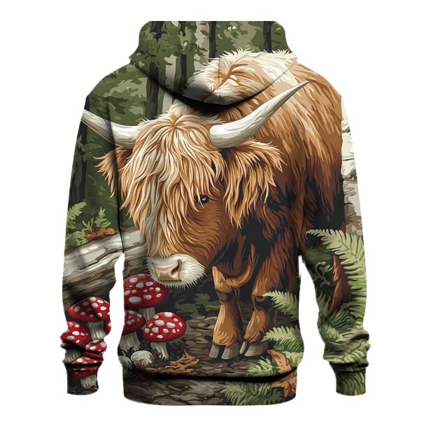 Highland Cow Woodland Mushroom Hunt premium hoodies
