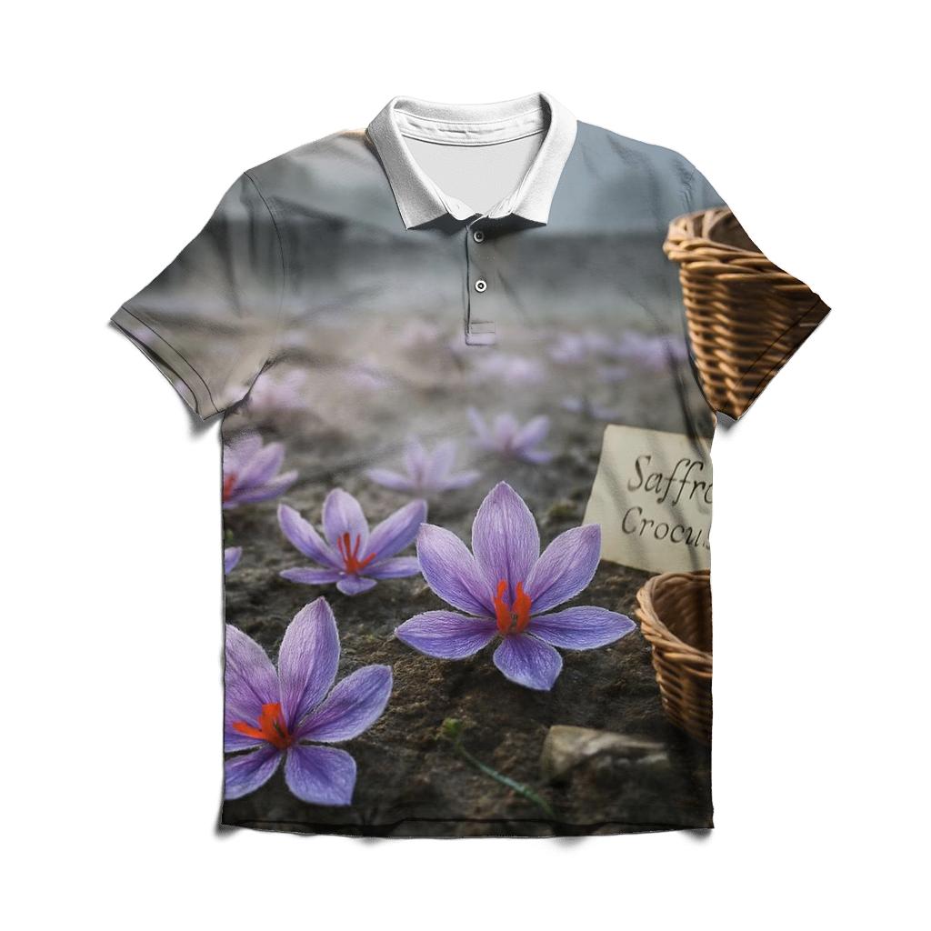 Saffron Crocus Harvest In A High Valley Terrace premium cotton polo shirts