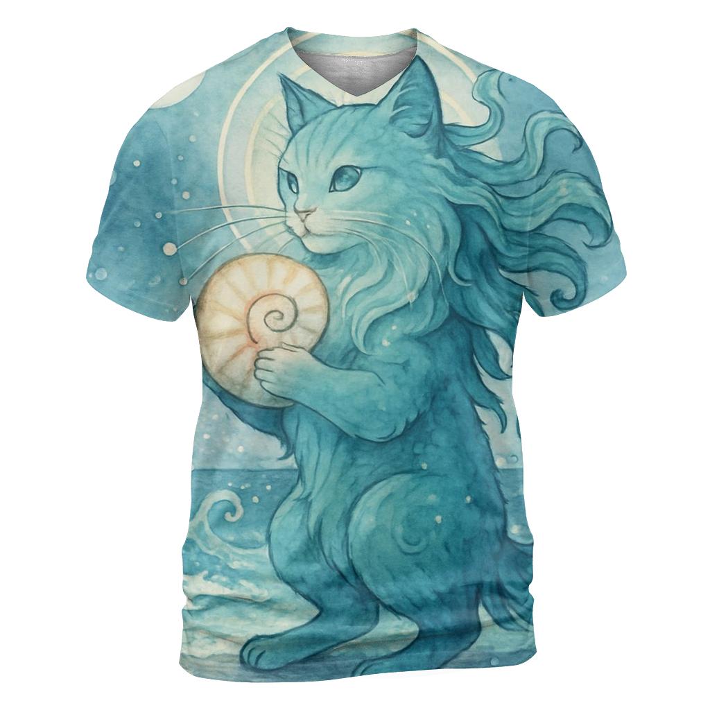 Moonlit Tideshell Guardian Cat artistic all-over print tops