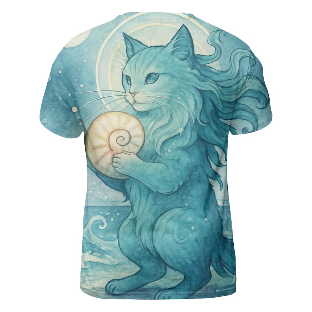 Moonlit Tideshell Guardian Cat artistic all-over print tops