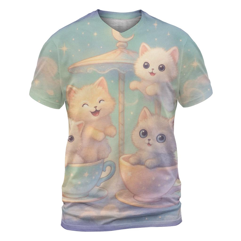 Moonlit Teacup Kitten Carousel artistic all-over print tops