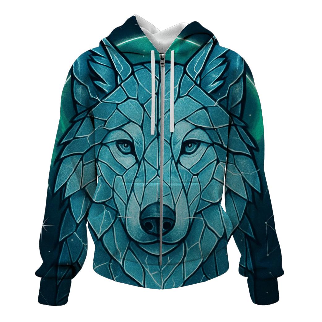 Aurora Glass Sentinel Wolf graphic hoodies