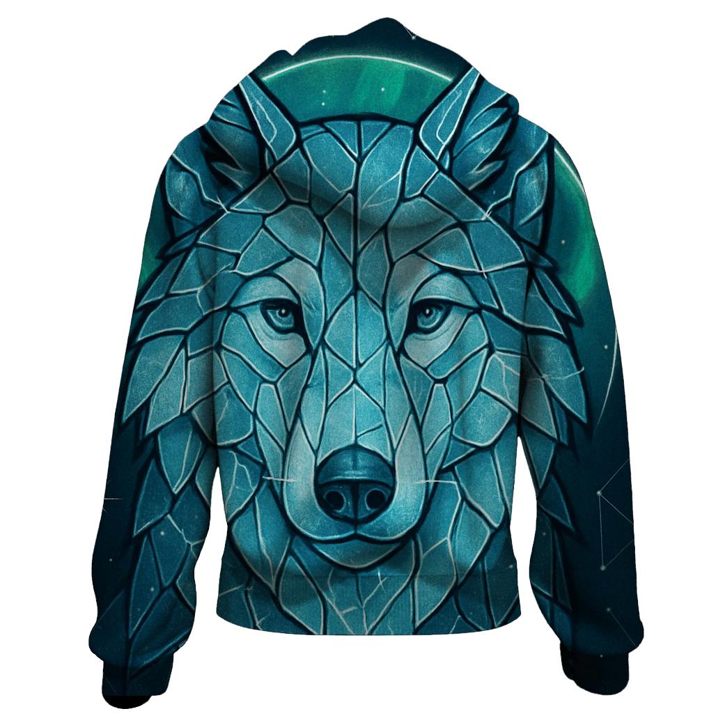 Aurora Glass Sentinel Wolf graphic hoodies