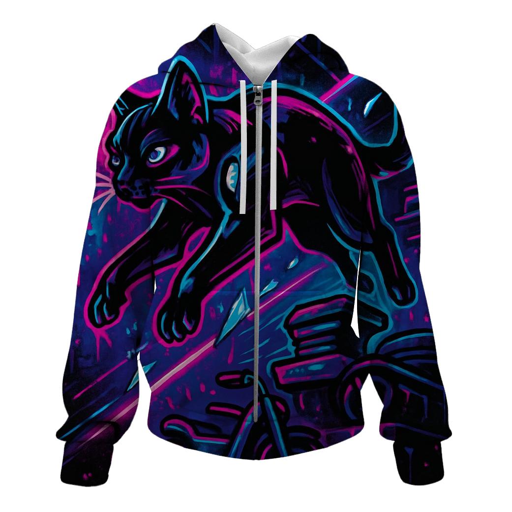 Neon Circuit Alley Parkour Cat zip-up hoodies