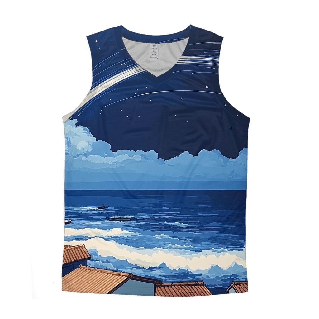 Hokusai Inspired Meteor Shower Over Coastal Village sports performance tank tops