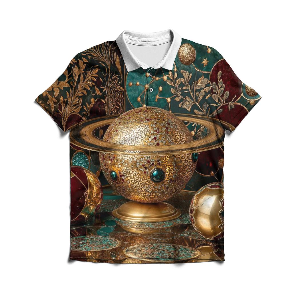 Gustav Klimt Inspired Golden Planetary Still Life embroidered polo tops