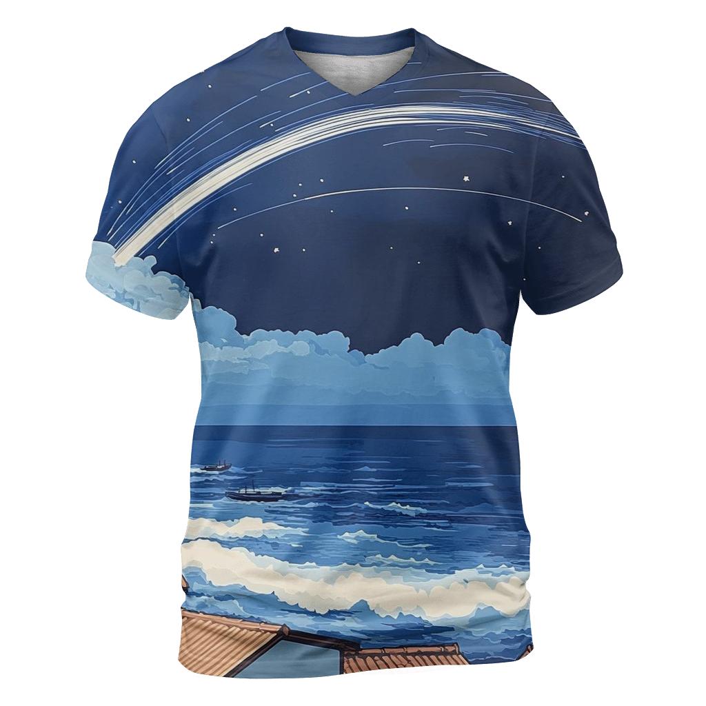 Hokusai Inspired Meteor Shower Over Coastal Village personalized full print shirts