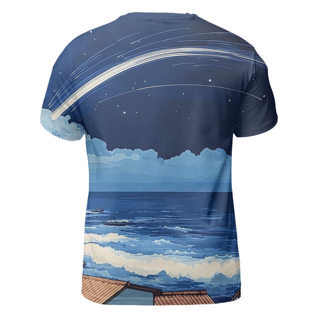 Hokusai Inspired Meteor Shower Over Coastal Village personalized full print shirts