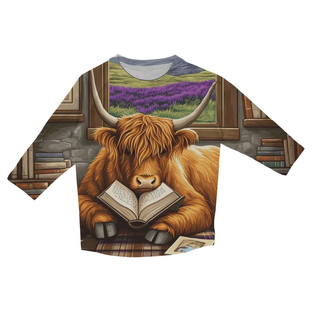 Heather Library Reading Highland Cow stylish quarter sleeve tops