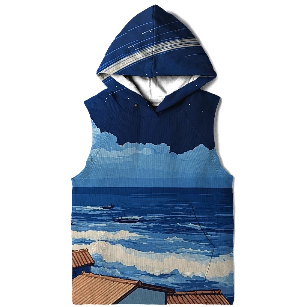 Hokusai Inspired Meteor Shower Over Coastal Village pullover hoodies