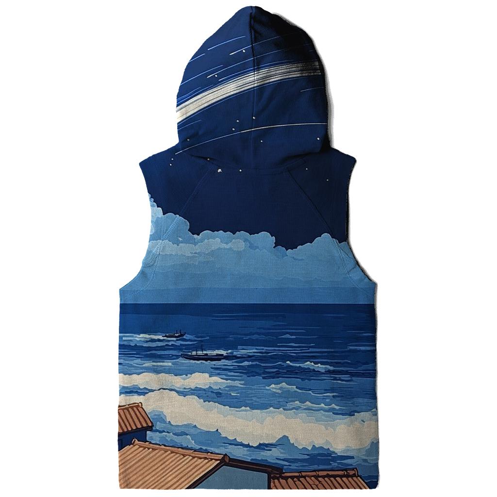 Hokusai Inspired Meteor Shower Over Coastal Village pullover hoodies