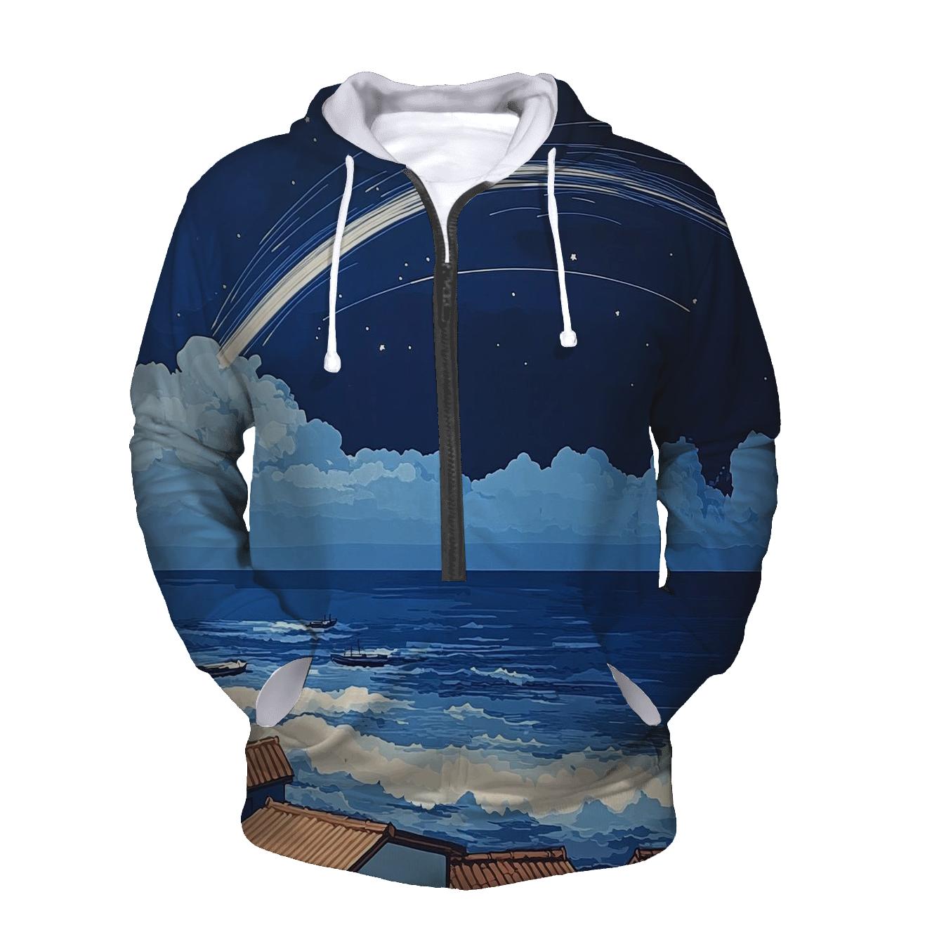Hokusai Inspired Meteor Shower Over Coastal Village hoodie styles