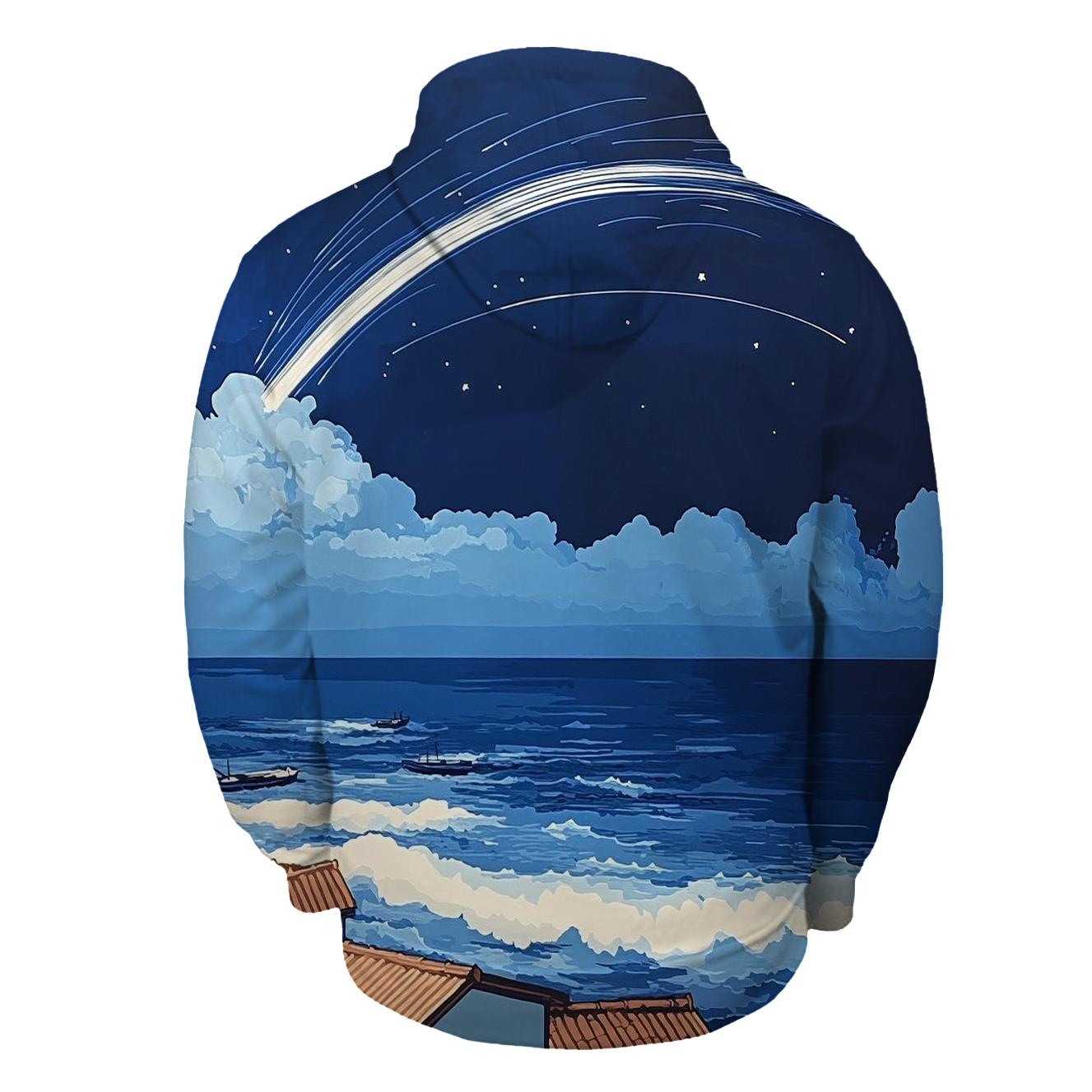 Hokusai Inspired Meteor Shower Over Coastal Village hoodie styles