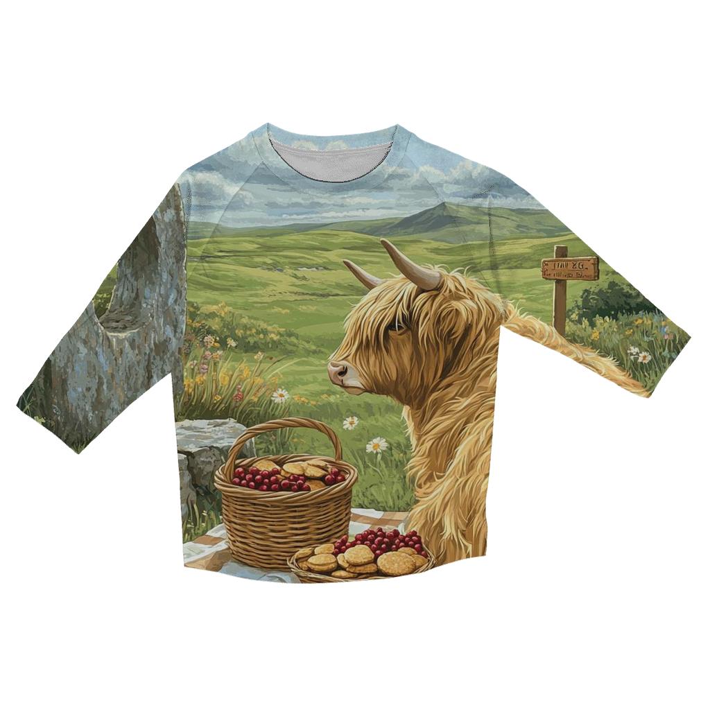 Stone Circle Picnic, Highland Cow Companion casual three quarter sleeve shirts