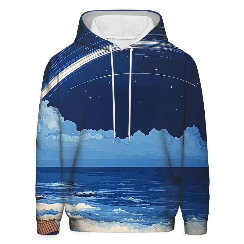 Hokusai Inspired Meteor Shower Over Coastal Village printed hoodies