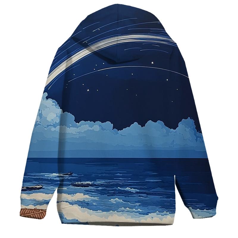 Hokusai Inspired Meteor Shower Over Coastal Village printed hoodies
