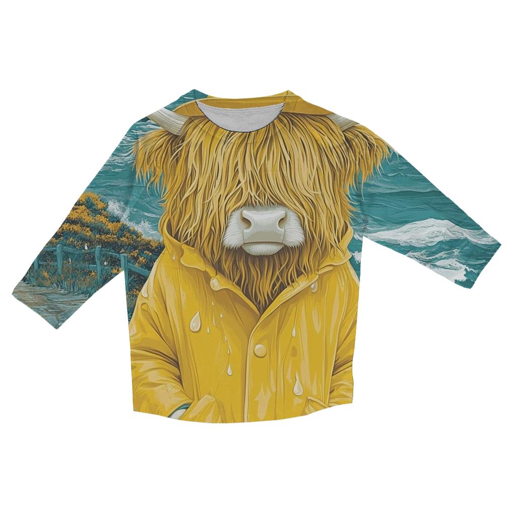 Highland Cow In Raincoat By The Sea Cliffs fashion 3/4 sleeve shirts