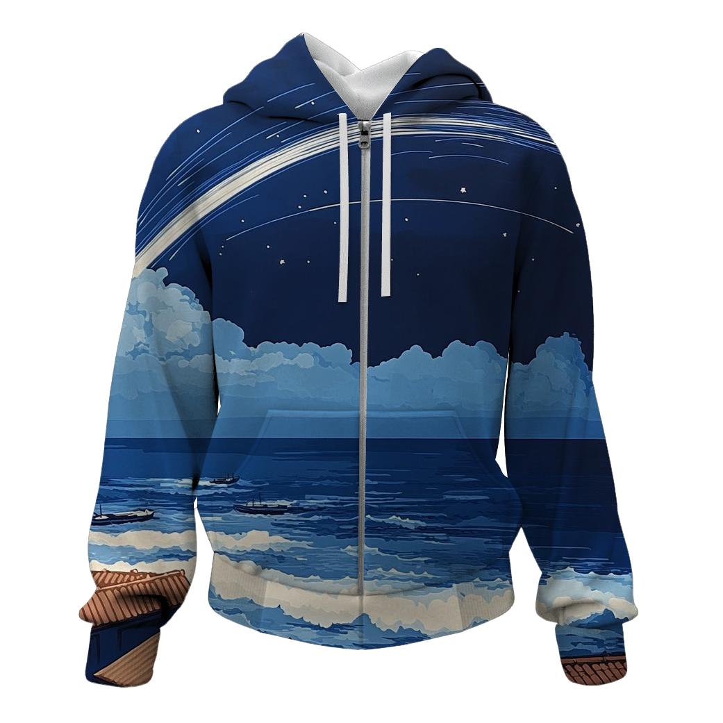 Hokusai Inspired Meteor Shower Over Coastal Village hoodie designs
