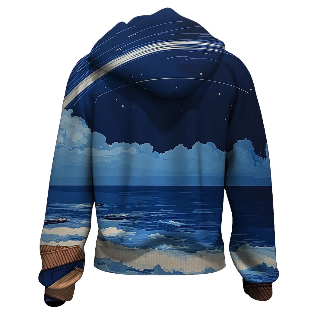 Hokusai Inspired Meteor Shower Over Coastal Village hoodie designs