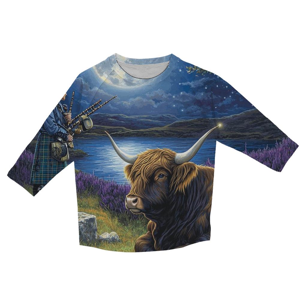 Moonlit Bagpiper With Highland Cow Listener designer 3/4 sleeve blouses