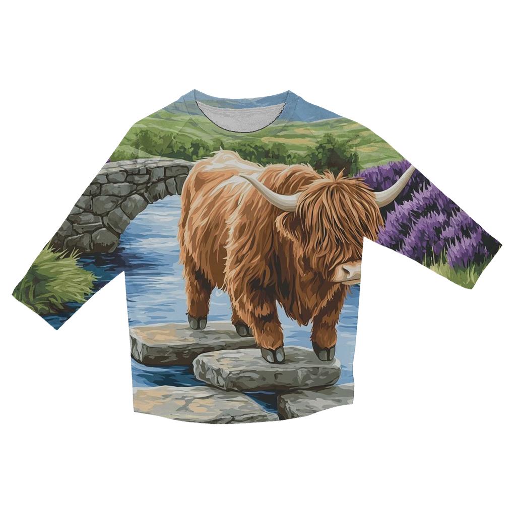 Highland Cow River Crossing On Stepping Stones trendy 3/4 sleeve tops